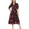 Women's Cotton Floral Printed Midi Dress | V-Neck Fit & Flare Dress with Puff Sleeves | Casual Summer Wear