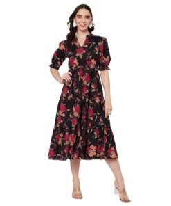 Women's Cotton Floral Printed Midi Dress | V-Neck Fit & Flare Dress with Puff Sleeves | Casual Summer Wear