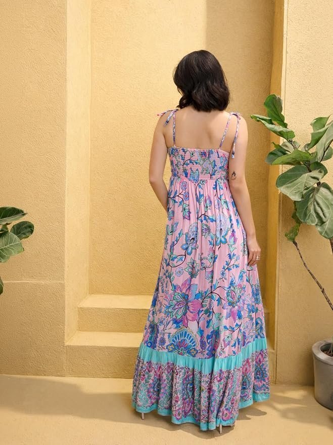 Women’s Floral Strappy Tie-Up Maxi – Boho Fusion Resort Summer Cotton Casual Wear Dress - Image 38
