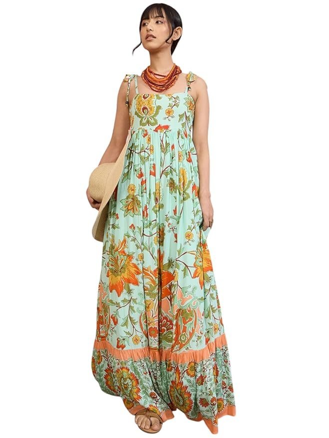 Women’s Floral Strappy Tie-Up Maxi – Boho Fusion Resort Summer Cotton Casual Wear Dress - Image 16