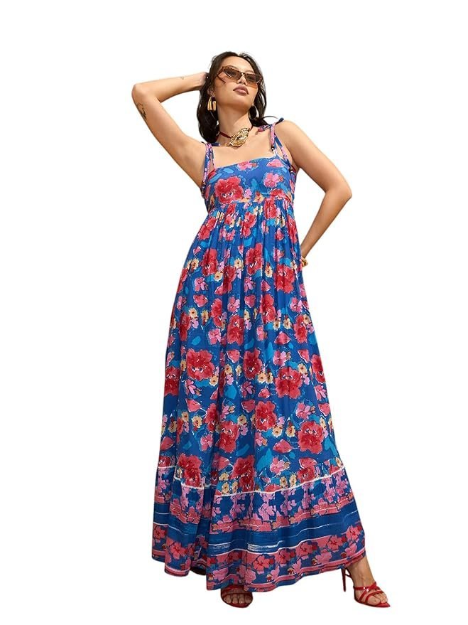 Women’s Floral Strappy Tie-Up Maxi – Boho Fusion Resort Summer Cotton Casual Wear Dress - Image 29