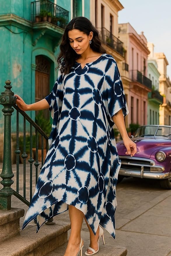 sandi.blog Women Handcrafted Tie & Dye Rayon Kaftan Dress | Casual Wear | Flowy Kaftan Style | Lightweight & Breathable Fabric - Image 9