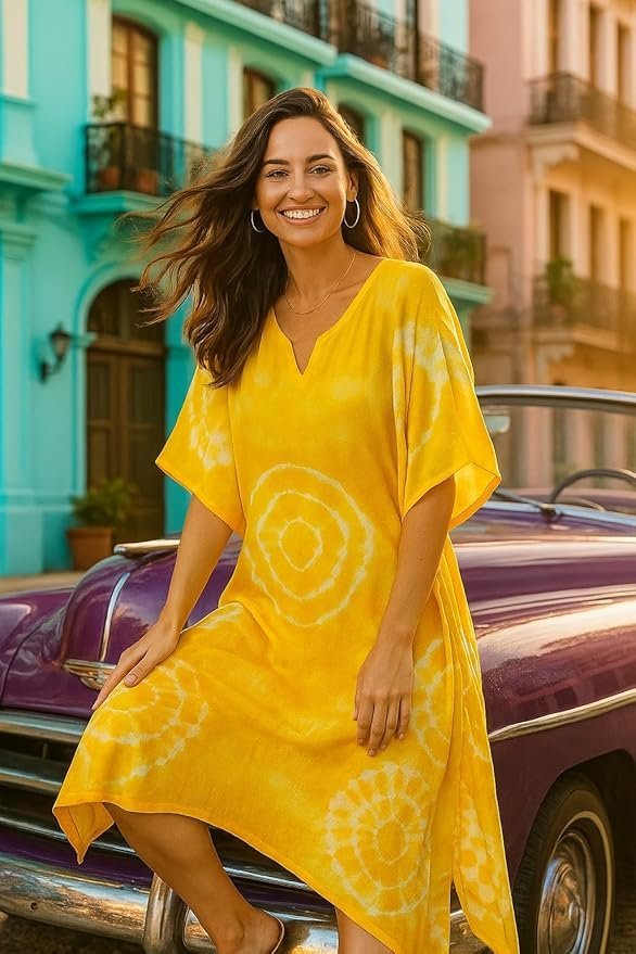 sandi.blog Women Handcrafted Tie & Dye Rayon Kaftan Dress | Casual Wear | Flowy Kaftan Style | Lightweight & Breathable Fabric - Image 3