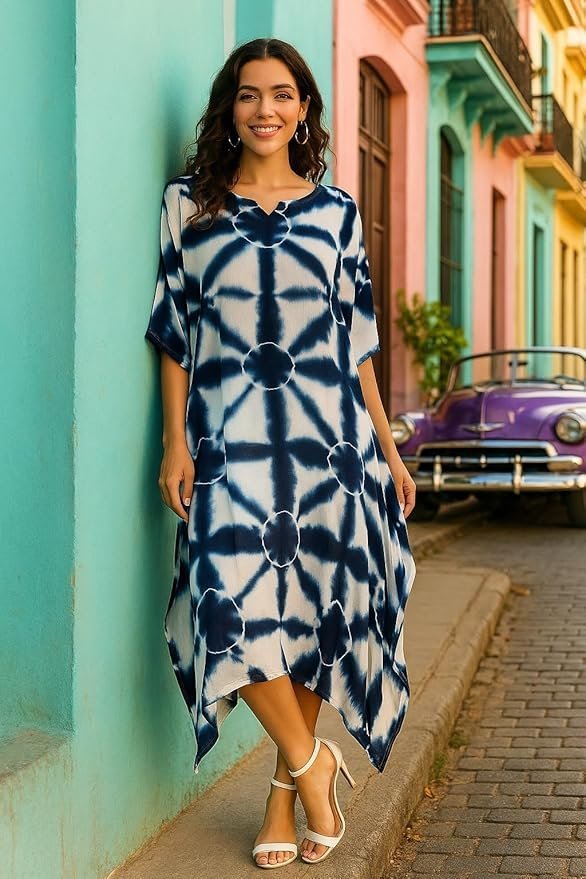 sandi.blog Women Handcrafted Tie & Dye Rayon Kaftan Dress | Casual Wear | Flowy Kaftan Style | Lightweight & Breathable Fabric - Image 7