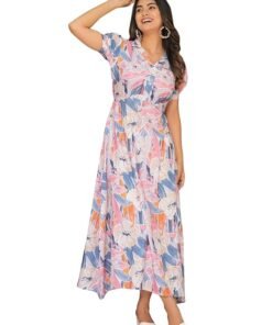 Women's Floral Maxi Dress | Short Sleeve Button-Down Long Dress | Elegant Collared A-Line Casual Dress | Lightweight Summer Vacation Dress for Women
