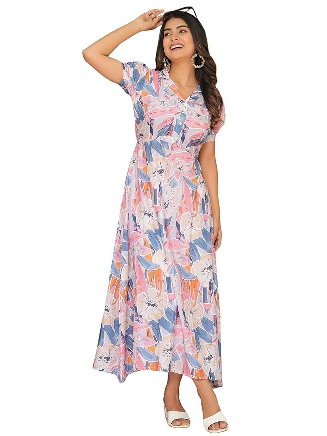Women's Floral Maxi Dress | Short Sleeve Button-Down Long Dress | Elegant Collared A-Line Casual Dress | Lightweight Summer Vacation Dress for Women