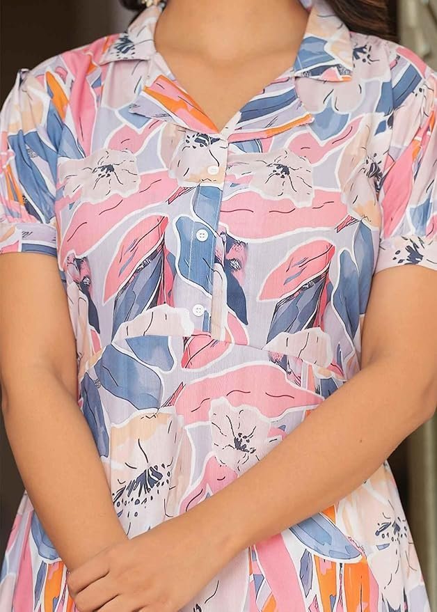 Women's Floral Maxi Dress | Short Sleeve Button-Down Long Dress | Elegant Collared A-Line Casual Dress | Lightweight Summer Vacation Dress for Women - Image 4