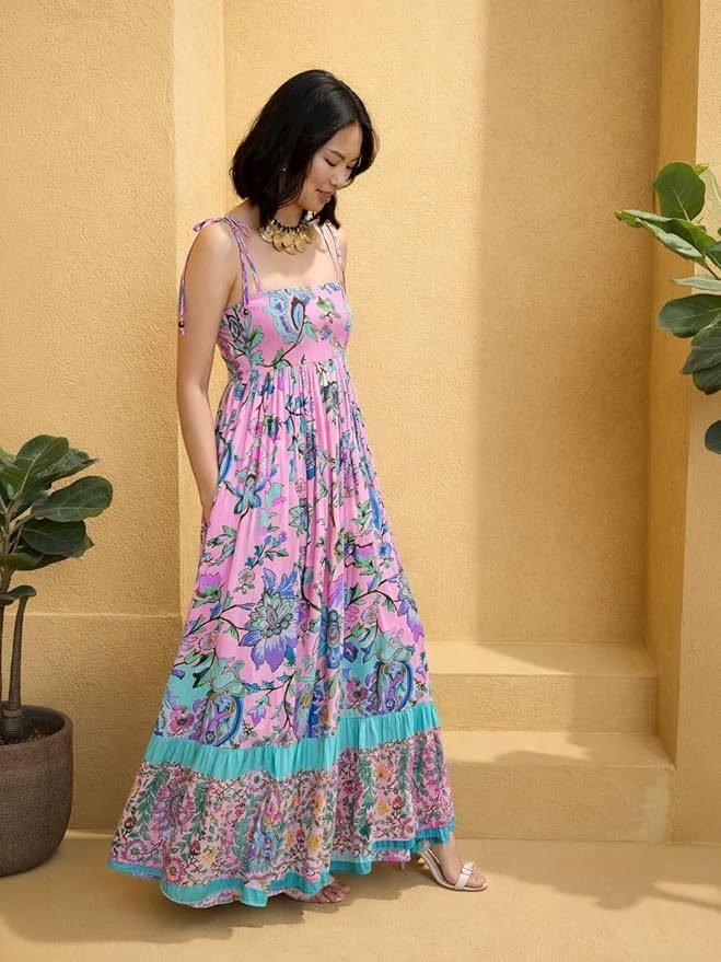 Women’s Floral Strappy Tie-Up Maxi – Boho Fusion Resort Summer Cotton Casual Wear Dress - Image 37