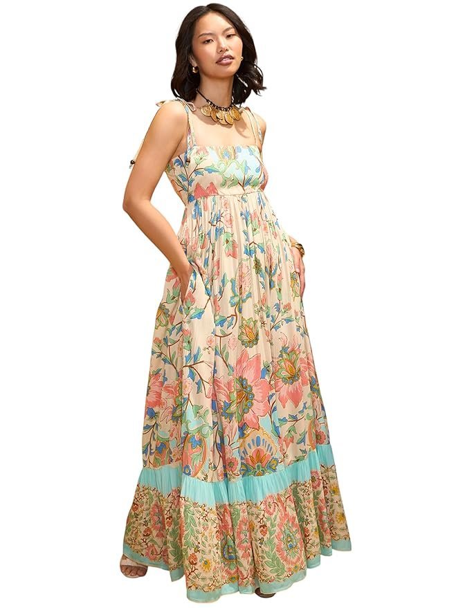 Women’s Floral Strappy Tie-Up Maxi – Boho Fusion Resort Summer Cotton Casual Wear Dress