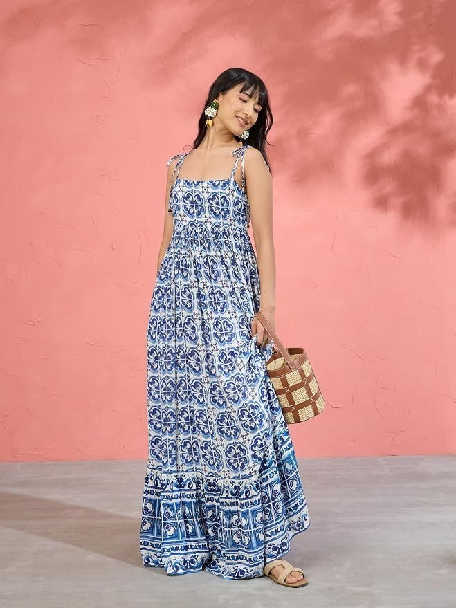 Women’s Floral Strappy Tie-Up Maxi – Boho Fusion Resort Summer Cotton Casual Wear Dress - Image 12
