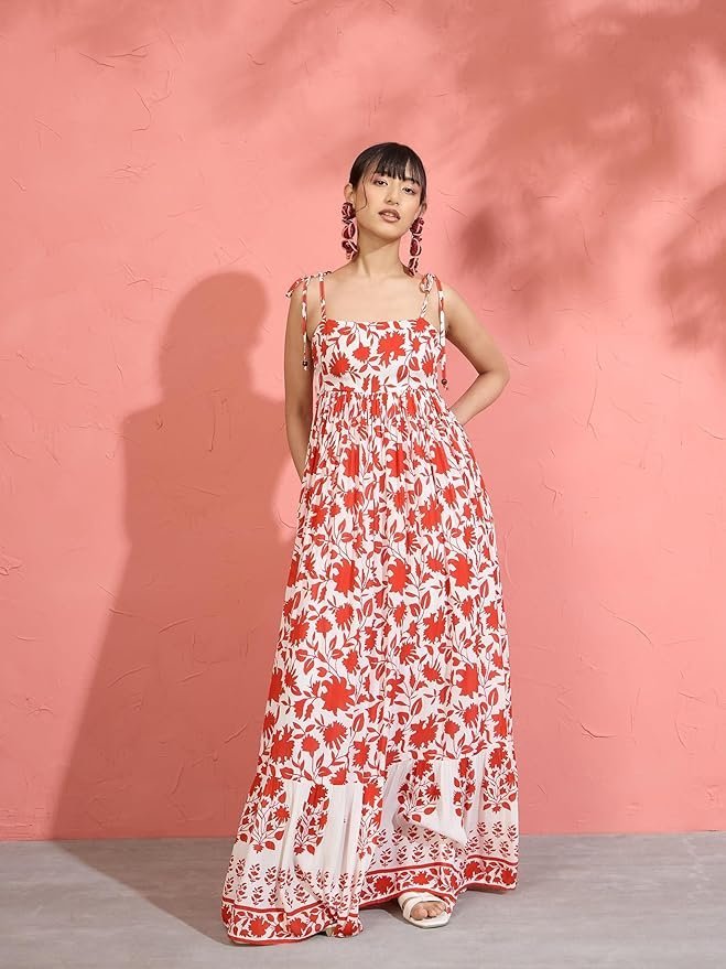 Women’s Floral Strappy Tie-Up Maxi – Boho Fusion Resort Summer Cotton Casual Wear Dress - Image 23