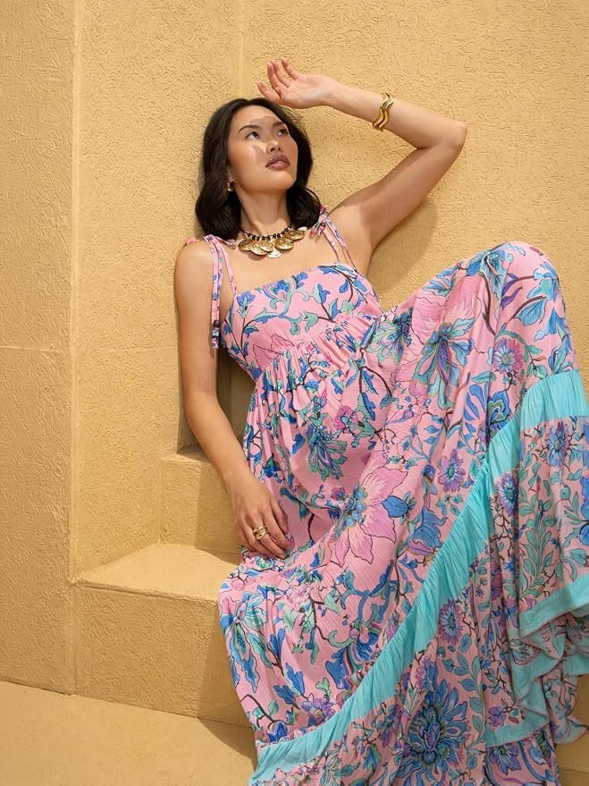 Women’s Floral Strappy Tie-Up Maxi – Boho Fusion Resort Summer Cotton Casual Wear Dress - Image 36