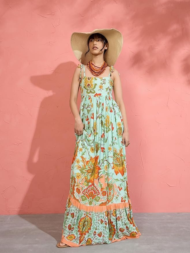 Women’s Floral Strappy Tie-Up Maxi – Boho Fusion Resort Summer Cotton Casual Wear Dress - Image 17