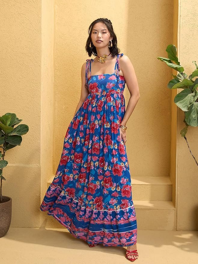Women’s Floral Strappy Tie-Up Maxi – Boho Fusion Resort Summer Cotton Casual Wear Dress - Image 34