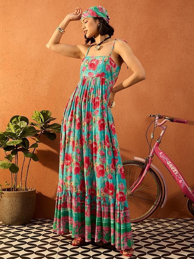 Women’s Floral Strappy Tie-Up Maxi – Boho Fusion Resort Summer Cotton Casual Wear Dress - Image 9