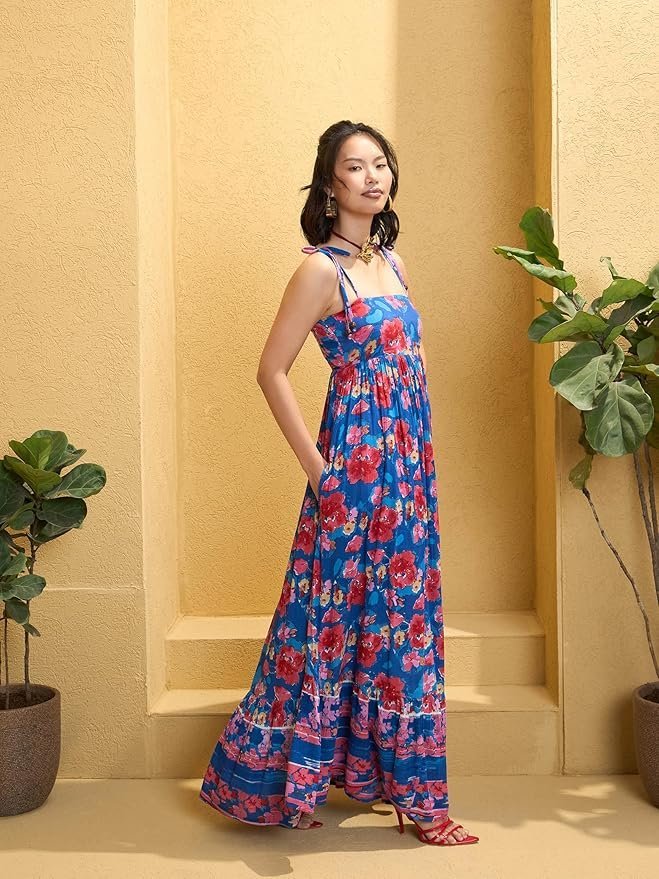 Women’s Floral Strappy Tie-Up Maxi – Boho Fusion Resort Summer Cotton Casual Wear Dress - Image 31