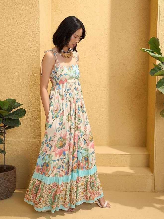 Women’s Floral Strappy Tie-Up Maxi – Boho Fusion Resort Summer Cotton Casual Wear Dress - Image 5