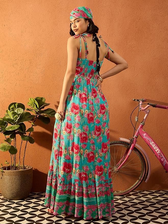 Women’s Floral Strappy Tie-Up Maxi – Boho Fusion Resort Summer Cotton Casual Wear Dress - Image 10